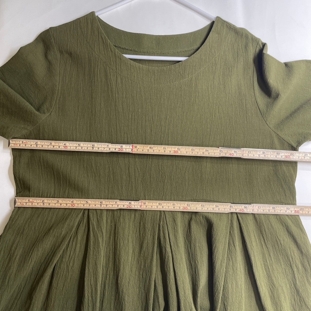 Olive Green Empire Waist Pleated Peasant Cottage Midi Dress Pockets S/S Lagen M - Picture 6 of 7